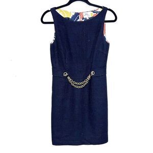 Milly of New York Navy Wool Textured Sheath Dress with Gold Chain Womens Sz 2